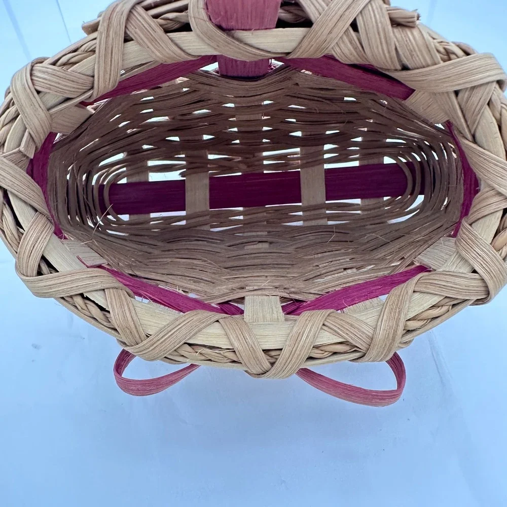 Woven Wall Basket 5x5 Small Tan Pink Bow Hanging Decor